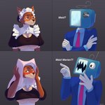 4_panel_comic anthro big_breasts blush breasts clothing duo electronics female for_a_head headgear headwear maid_headdress maid_uniform male male/female multicolored_body narrowed_eyes necktie open_mouth red_necktie screen screen_face squint suit surprised_expression television text two_tone_body under_boob uniform nikkosha disney phineas_and_ferb robin_hood_(disney) kelnich maid_marian perry_the_platypus canid canine fox mammal object_head red_fox screen_head true_fox tv_head 1:1 absurd_res hi_res meme