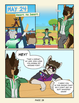 accessory adolescent anthro clothed clothed_anthro clothed_male clothing dialogue dipstick_snout emanata eyewear fully_clothed fully_clothed_anthro fully_clothed_male glasses gloves_(marking) green_clothing green_eyes green_hoodie green_topwear group hoodie male male_anthro markings outside pin_accessory plant purple_eyes sigh sitting text topwear tree wooden_sword young young_anthro young_male frostedchase alex_(alexthesheppy) fenrir_(frostedchase) hal_(compfive) joshua_(frostedchase) max_(frostedchase) spritz_(frostedchase) canid canine canis domestic_dog german_shepherd herding_dog mammal pastoral_dog procyonid raccoon comic english_text hi_res