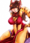 anthro asian_clothing big_breasts breasts brown_hair chinese_clothing chinese_dress cleavage cleavage_cutout clothed clothing cutout dress east_asian_clothing female fur glistening hair heart_symbol looking_at_viewer orange_body orange_fur pupils red_clothing red_dress simple_background slit_pupils smile solo stripes thick_thighs white_background darklitria cjrfm naomi_the_tiger felid mammal pantherine tiger hi_res