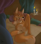 anthro bed bodily_fluids breasts candle cum cum_inside cum_on_breasts cum_on_face female furniture genital_fluids lying lying_on_bed nipples on_bed solo zokva hexfox canid canine fox mammal hi_res