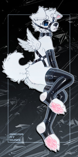 anthro armwear black_background blue_eyes butt claws clothing collar feathered_wings feathers floppy_ears fluffy fluffy_paws fluffy_tail harness latex latex_armwear latex_clothing latex_harness latex_legwear legwear looking_at_viewer male muzzle_(object) muzzled paws simple_background solo tail white_body wings dreamatdusk canid canine canis domestic_dog mammal 1:2 hi_res