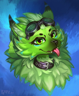 anthro black_collar black_nose blep collar ear_piercing ear_tag fangs feral fluffy fur green_body green_eyes green_fur green_hair hair inner_ear_fluff looking_at_viewer male piercing pink_tongue simple_background smile solo teeth tongue tongue_out tuft foxpit helzie canid canine canis hybrid mammal novabeast absurd_res digital_media_(artwork) headshot_portrait hi_res portrait