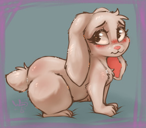 :3 ambiguous_feral ambiguous_gender belly blush border feral floppy_ears fur grey_background looking_aside pink_border pink_nose side_view simple_background small_tail solo tail tan_body tan_fur thick_thighs wolps lagomorph leporid mammal rabbit 2024 absurd_res full-length_portrait hi_res portrait