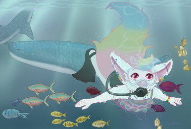ambiguous_gender anthro clothing eyewear fish_tail goggles school_of_fish scuba_diving solo swimming swimwear underwater water pyroashes whaleshark absurd_res hi_res