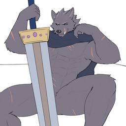 abs anthro big_muscles cape clothing fur holding_object holding_weapon looking_at_viewer male melee_weapon muscular muscular_anthro muscular_male narrowed_eyes nude obliques pecs scar simple_background sitting smile solo sword teeth tuft weapon white_background jrjresq elden_ring fromsoftware blaidd_(elden_ring) canid canine canis mammal wolf 1:1 2022 hi_res