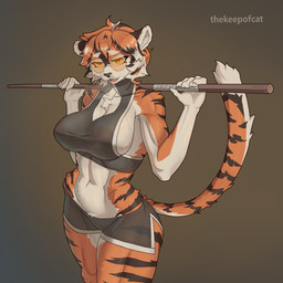 5_fingers after_exercise anthro arm_tuft belly big_breasts bodily_fluids bottomwear breasts breath camel_toe chest_tuft claws cleavage_cutout clothing collarbone crotch_tuft cutout exhausted eyewear female fingers fur genital_outline glasses hair holding_object holding_weapon hotpants long_tail looking_at_viewer multicolored_body multicolored_hair muscular muscular_anthro nipple_outline nipples nipples_visible_through_clothing open_mouth orange_body orange_eyes orange_fur palms pink_nipples raised_tail shorts shoulder_tuft simple_background snout solo sportswear staff standing stick striped_body striped_fur stripes sweat sweatdrop sweaty_body sweaty_breasts sweaty_face tail teeth thick_thighs tongue tuft vulva_outline weapon wearing_glasses wet wet_clothing white_body white_fur wide_hips thekeepofcat arknights hypergryph studio_montagne waai_fu_(arknights) felid feline mammal pantherine 1:1 absurd_res hi_res