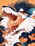 ambiguous_gender anthro blue_body blue_fur bodily_fluids buccinator chest_tuft claws facial_scar facial_tuft forked_tongue fur glistening glistening_claws glistening_eyes glistening_pawpads glistening_tongue kemono mouth_shot open_mouth open_smile orange_background orange_claws orange_eyes orange_inner_ear orange_mouth orange_pawpads orange_tongue pawpads saliva saliva_on_tongue saliva_string scar sharp_teeth simple_background smile snout snout_scar solo teeth tongue tongue_out tuft white_body white_fur tianhua mythology dragon furred_dragon furred_scalie mythological_creature mythological_scalie scalie 3:4 bust_portrait hi_res portrait