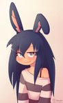 :3 animal_humanoid artist_name black_hair bra_strap brown_eyes clothed clothing compression_artifacts cowlick eyebrow_through_hair eyebrows eyelashes female floppy_ears hair hair_over_eye half-length_portrait hoodie_(artist) humanoid inner_ear_fluff lagomorph lagomorph_humanoid leporid_humanoid long_hair looking_at_viewer lyn_mametchi mammal mammal_humanoid off_shoulder one_eye_obstructed portrait rabbit_humanoid shirt simple_background smile solo tan_background tan_body tan_skin text topwear translucent translucent_hair tuft url vtuber