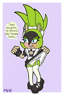 angry anthro blue_eyes blush bottomwear breasts cleavage_cutout clothed clothing cutout dialogue ear_piercing embarrassed eyelashes female fur green_body hair legwear maid_uniform open_mouth panties piercing presenting_panties presenting_underwear solo teeth text topwear underwear uniform upskirt white_clothing white_panties white_underwear mr_harinezumi idw_publishing sega sonic_the_hedgehog_(comics) sonic_the_hedgehog_(idw) sonic_the_hedgehog_(series) surge_the_tenrec afrosoricid mammal tenrec absurd_res hi_res spanish_text