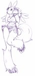 anthro anthrofied bandai_namco black_sclera blush bottomwear breasts canid canine claws clothed clothing digimon digimon_(species) female fur kemonono long_legs mammal miniskirt monochrome panties purple_and_white raised_leg renamon simple_background skirt solo tail toe_claws tongue underwear upskirt wide_hips
