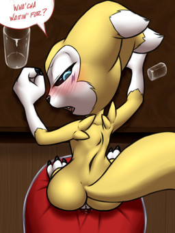 blush bodily_fluids butt drunk female genital_fluids genitals shortstack shortstack_female solo substance_intoxication tail text vaginal_fluids vulva furball bandai_namco digimon fakemon fan_character renimpmon digimon_(species) hybrid impmon renamon 2019 3:4 english_text