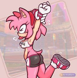 accessory anthro big_butt blush bottomwear bra breasts breath butt clothing crop_top exercise exercise_clothing exhausted eyelashes female footwear fur glistening glistening_body gloves hair_accessory hairband handwear medium_breasts nipple_outline photo_background pink_body pink_fur raised_arms raised_leg shirt shoes shorts slightly_chubby solo sports_bra sportswear stretching tail tan_body tan_fur topwear under_boob underwear arnkleblarn sega sonic_the_hedgehog_(series) amy_rose eulipotyphlan hedgehog mammal hi_res photography_(artwork)