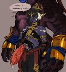 anthro armor armwear belt big_penis blue_eyes blush blush_lines bodily_fluids bottomwear clothing dripping duo elbow_gloves female genital_fluids genitals gloves gold_(metal) gold_armor gold_jewelry hand_on_belly handwear heart_symbol horn interspecies interspecies_pregnancy jewelry large_male male male/female maroon_skin mask muscular muscular_anthro muscular_male penile_spines penis precum precum_drip pregnant pregnant_female purple_body purple_skin scales size_difference skirt smaller_female speech_bubble text topwear tube_top vein veiny_penis flabberd final_fantasy final_fantasy_xiv final_fantasy_xiv_(legacy) square_enix amalj'aa au_ra horned_humanoid humanoid scalie sketch