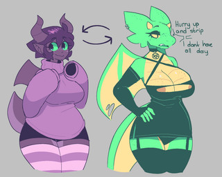 anthro areola areola_slip big_breasts breasts choker clothed clothing collar duo ear_piercing ear_ring eyelashes eyeshadow fangs female freckles garter_straps gloves green_body green_clothing green_eyes green_scales green_tail hair handwear hoodie horn jewelry leggings legwear makeup markings multicolored_body multicolored_scales necklace occult_symbol open_mouth pattern_clothing pentagram piercing purple_body purple_clothing purple_hair purple_legwear purple_sweater purple_thigh_highs purple_topwear ring_piercing satanic scales smile stockings striped_clothing stripes sweater symbol tail teeth text thigh_highs topwear torn_clothing torn_topwear two_tone_body two_tone_scales two_tone_tail underwear white_clothing wings yellow_body yellow_scales yellow_tail conditional_dnp welwraith mythology marilin_(welwraith) demon dragon kobold mythological_creature mythological_scalie scalie 2021 character_request digital_media_(artwork) english_text