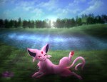 female feral forehead_gem fur gem genitals grass pawpads paws pink_body pink_fur plant presenting presenting_pussy pussy red_eyes solo tail water astralia_(art) nintendo pokemon eeveelution espeon generation_2_pokemon pokemon_(species) absurd_res hi_res watermark