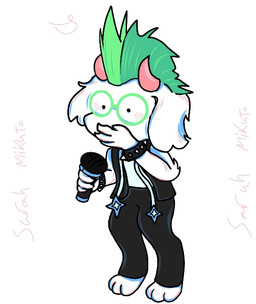 2_horns 4_fingers alternative_fashion anthro barefoot black_bottomwear black_clothing bottomwear bracelet clothed clothed_anthro clothed_male clothing covering covering_mouth electronics eyewear feet fingers fur glasses green_eyewear green_glasses green_hair hair holding_microphone holding_object horn jewelry male microphone mohawk pink_horn punk round_glasses solo spiked_bracelet spikes toes topwear vest white_body white_fur pocket0clown deltarune undertale_(series) ralsei bovid caprine darkner goat mammal 2025 reaction_image signature