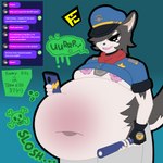 anthro baton belly big_belly burping clothing digestion electronics female female_pred fully_inside phone police police_badge police_hat police_uniform solo text uniform vore weight_gain wulfkyet space_leaper scarlett_(space_leaper) canid canine canis domestic_dog husky mammal nordic_sled_dog spitz 1:1 english_text hi_res