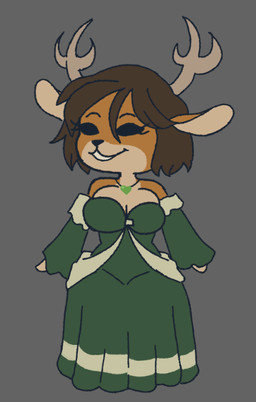 anthro antlers armwear brown_body brown_fur clothed clothing detached_sleeves dress female fur grey_background heart_necklace horn jewelry necklace simple_background simple_eyes smile solo tan_body tan_fur guayo lacie_krause deer mammal