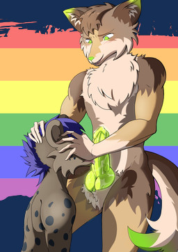 anthro duo fur genitals glowing glowing_genitalia green_eyes green_nose green_penis hair holding_head knot knotted_penis licking male male/male markings oral penile penis penis_lick purple_hair rainbow sex spots spotted_body spotted_fur tongue dazz_(artist) james_(mistah_novikov) canid canine canis coyote hyena mammal absurd_res alpha_channel hi_res
