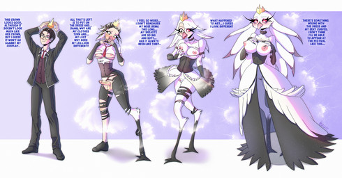 accident accidental_exposure anthro avian_feet bent_legs breasts clothing corset_dress cosplay crown dress exposed_breasts eyelashes eyewear feather_dress feather_hair feathers female gender_transformation glasses half_naked hand_on_breast headgear magical_transformation male mini_comic mtf_transformation pseudo_hair red_eyes shocked solo species_transformation suit suit_jacket surprise surprised_expression tearing_clothing text tf_into_fictional_character thick_eyelashes torn_clothing transformation unexpected_erection white_body white_feathers wide_eyed vigfrid-tf hellaverse helluva_boss stella_(helluva_boss) anatid anseriform anserinae avian bird demon human mammal swan english_text hi_res