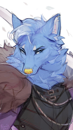 anthro armor blue_body blue_eyes blue_fur blue_hair clothed clothing fangs front_view fur hair inner_ear_fluff male male_anthro melee_weapon mouth_closed multicolored_hair simple_background solo sword sword_on_shoulder teeth tuft two_tone_hair weapon weapon_on_shoulder white_background white_hair white_inner_ear_fluff yellow_nose famir canid canine mammal 2025 dated half-length_portrait portrait