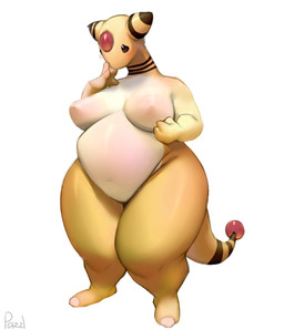 anthro belly big_belly big_breasts black_body black_fur blush breasts female forehead_gem fur gem hand_on_own_breast narrowed_eyes obese obese_anthro obese_female overweight overweight_anthro overweight_female simple_background solo standing tail tail_orb text thick_thighs white_background white_body white_fur wide_hipped_anthro wide_hipped_female wide_hips yellow_body yellow_fur pazzl nintendo pokemon ampharos generation_2_pokemon pokemon_(species) artist_name hi_res