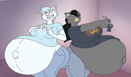 anthro belly big_belly big_breasts black_hair bottomwear breasts clothing denim denim_bottomwear denim_clothing duo female fur green_eyes grey_body grey_fur hair huge_belly jeans knitting knitting_needle pants pregnant pregnant_anthro pregnant_female shirt teal_eyes teal_hair teeth thick_thighs topwear white_body white_fur virus-20 midnight_(virus-20) mittens_(virus-20) domestic_cat felid feline felis mammal 2024 digital_media_(artwork) hi_res
