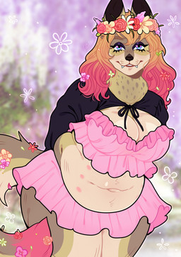 accessory anthro belly belly_nipples belly_overhang big_breasts black_clothing black_eyelids black_nose black_topwear blue_eyes blurred_background bottomwear breasts clothing crop_top deep_navel fangs female flower flower_in_hair flower_in_tail fur hair hair_accessory long_hair looking_at_viewer miniskirt multi_nipple multicolored_hair navel nipples orange_hair outside overweight overweight_anthro overweight_female pink_bottomwear pink_clothing pink_crop_top pink_hair pink_shirt pink_skirt pink_topwear plant shirt skirt solo tan_body tan_fur teeth thick_thighs topwear two_tone_hair wide_hips szaris canid canine canis mammal wolf 2025 colored digital_drawing_(artwork) digital_media_(artwork) flat_colors hi_res