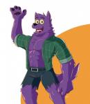 abs anthro belt biceps big_muscles black_eyes black_nose bottomwear chest_tuft claws clothed clothing fangs fur gesture looking_at_viewer male male_anthro muscular muscular_anthro muscular_male open_clothing open_mouth open_shirt open_topwear pants pecs plaid purple_body purple_fur shirt smile solo standing teeth tongue topwear torn_clothing tuft waving yellow_sclera greydaboy cartoon_network mythology ok_k.o.!_let's_be_heroes bernard_(ok_k.o.!_lbh) canid canine canis mammal mythological_canine mythological_creature were werecanid werecanine werewolf wolf 2017 hi_res