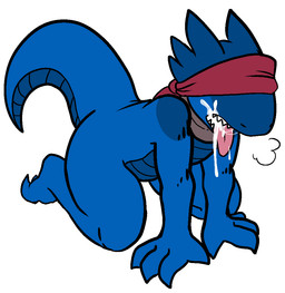 all_fours anthro bdsm blindfold bodily_fluids cum cum_drip cum_in_mouth cum_inside dripping female flat_chested genital_fluids nude solo trout_(artist) lolori kobold reptile scalie 2020 aliasing digital_media_(artwork)