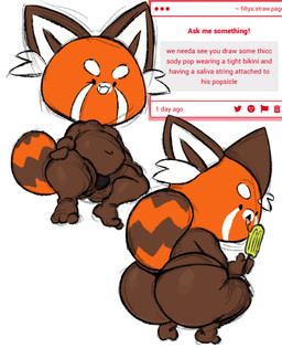 anthro bikini bodily_fluids butt clothing crouching drooling food licking male popsicle rear_view saliva shota smug swimwear thong tongue two-piece_swimsuit underwear young filthyopossum chikn_nuggit sody_pop_(chikn_nuggit) ailurid mammal red_panda absurd_res hi_res