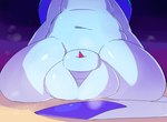 animal_genitalia balls big_balls big_sheath blue_body bodily_fluids bodily_fluids_drip fur genitals male penis sheath solo sweat tail thick_thighs lodetail nintendo pokemon canid eeveelution generation_4_pokemon glaceon mammal pokemon_(species)