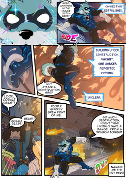 anthro boots bulge butt civilian claws clothing construction_site dialogue explosion footwear gloves handwear hero jumping latex male mask muscular shoes solo static_electricity superhero tail text three-point_landing white_clothing white_gloves white_handwear samaraka cobalt_beast canid canine canis mammal wolf absurd_res comic english_text hi_res
