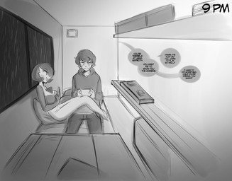 breasts clothing dialogue duo female hair hair_over_eye holding_object hoodie inside male not_furry profanity raining text topwear window saltyxodium nintendo pokemon gardevoir generation_3_pokemon human mammal pokemon_(species) 2024 digital_media_(artwork) english_text hi_res monochrome