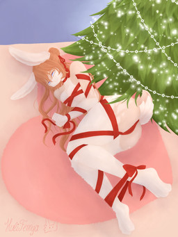 anthro arms_tied bdsm bent_legs bondage bound breasts camel_toe christmas_tree female high-angle_view holidays legs_tied looking_at_viewer lying on_ground on_side plant ribbons solo tail tree hulifennya christmas lagomorph leporid mammal rabbit absurd_res hi_res