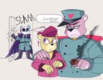 anthro bottomwear clothing dialogue group hat headgear headwear humanoid_hands mask overweight pants shirt smoking surprise text topwear sketchyvillain unicorn_wars azulin_(unicorn_wars) cabo_pompon_(unicorn_wars) comandante_fluffy bear mammal 2023 comic english_text hi_res