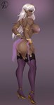 big_breasts big_butt breasts butt clothing dark_body dark_skin ear_piercing ear_ring female legwear looking_at_viewer looking_back looking_back_at_viewer nipples not_furry piercing ring_piercing solo thigh_highs thong underwear almualim dark_elf elf humanoid absurd_res hi_res