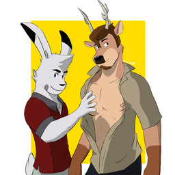 anthro antlers band-aid bandage blue_eyes clothed clothing duo fur green_eyes horn male male/male open_clothing open_shirt open_topwear pecs shirt topwear white_body white_fur conditional_dnp gearfox98 francis_(gearfox98) hector_(gearfox98) deer hare lagomorph leporid mammal rabbit 1:1 digital_media_(artwork) hi_res