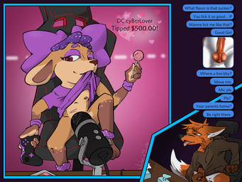 age_difference ambiguous_gender animal_genitalia anthro bodily_fluids bottomless breasts candy clothed clothing clothing_lift dessert dripping duo erection food fur gaming_controller genital_fluids genitals knot knotted_penis leaking_precum livestream lollipop male male/ambiguous masturbation nipples open_mouth partially_clothed pedophilia_temptation penis precum precum_drip shirt shirt_lift simple_background size_difference smile tail text text_message tongue tongue_out topwear young young_ambiguous young_anthro wintersink canid canine fox mammal 4:3 digital_media_(artwork) english_text hi_res
