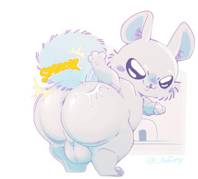 anthro backsack balls big_butt butt butt_slap butt_smack cheek_tuft dark_eyes ears_up facial_tuft fluffy fluffy_tail fur genitals gesture glistening glistening_eyes hand_gesture looking_at_viewer looking_back looking_back_at_viewer male middle_finger open_mouth presenting presenting_hindquarters slap smacking_ass solo sound_effects tail taunting teasing teasing_viewer text tuft white_body white_fur boofurry chiikawa momonga_(chiikawa) flying_squirrel mammal rodent sciurid english_text hi_res