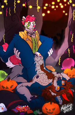 animal_genitalia anthro balloon balls body_hair clown clown_costume clown_makeup clown_nose clown_paint decoration duo genitals glowing glowing_eyes horn inflatable jack-o'-lantern male male/male muscular sheath small_top_big_bottom mrdarknesswolf mythology mrdarknesswolf_(character) canid canine canis demon hybrid mammal mephitid mythological_canine mythological_creature skunk werecanid werecanine werecreature werewolf wolf absurd_res hi_res