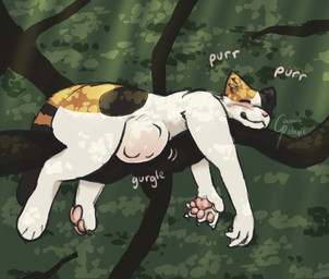 3_toes 4_fingers abdominal_bulge ambiguous_gender ambiguous_prey anthro anthro_pred belly belly_blush black_body black_fur bloated blush body_blush claws digestion digestion_noises eyes_closed feet fingers fully_inside fur inner_ear_fluff larger_pred looking_pleasured lying lying_on_tree offscreen_character on_front onomatopoeia oral_vore orange_body orange_fur pawpads pink_nose pink_pawpads purring size_difference soft_vore solo sound_effects text toes tuft unseen_prey vore white_body white_fur caninepelagic calico_cat domestic_cat felid feline felis mammal hi_res