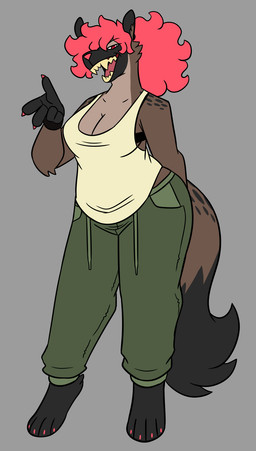 4_toes 5_fingers anthro barefoot black_body black_tail bottomwear breasts brown_body brown_fur brown_tail claws cleavage clothed clothing colored_nails digitigrade eyebrow_through_hair eyebrows fangs feet female finger_claws fingers fur gesture green_bottomwear green_clothing green_pants grey_body hair hand_gesture looking_at_viewer markings messy_hair nails open_mouth pants paws pink_hair pink_nails pointing ponytail red_eyes shirt simple_background solo spots spotted_markings spotted_shoulders spotted_tail tail tail_markings tank_top teeth toe_claws toes topwear translucent translucent_hair tuft two_tone_tail white_sclera wristwear nerdyreindeer hyena mammal 2026 hi_res