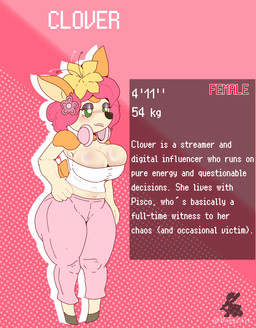 accessory anthro big_breasts big_butt breasts butt clothing description electronics female flower flower_accessory flower_in_hair green_eyes hair hair_accessory headphones headphones_around_neck leggings legwear pink_hair pink_leggings plant shirt shortstack solo text topwear white_clothing white_shirt white_topwear boggsart nintendo pokemon clover_(boggsart) deerling generation_5_pokemon pokemon_(species) spring_deerling english_text hi_res model_sheet