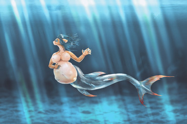 anthro belly big_belly big_eyes blue_hair breasts female fetal_movement fin hair membrane_(anatomy) pregnant pregnant_anthro pregnant_female sea solo split_form swimming underwater water indigobx aquatic felid feline fish hybrid mammal merfolk 3:2 hi_res