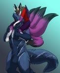 anthro black_body black_fur blue_body blue_fur carrying_another clothed clothing duo eyes_closed female fur hair happy horn male multi_tail nuzzling on_shoulders purple_body purple_fur simple_background size_difference smile standing tail white_body white_fur wings appletail lily_valentine strifeheart_crescentmoon canid canine canis demon dire_wolf fox mammal prehistoric_species digital_media_(artwork)