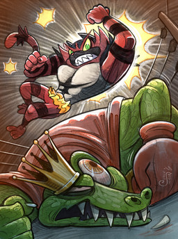abs ambiguous_gender angry anthro attack barazoku barefoot biceps bloodshot_eyes boxing_gloves cape claws close-up clothed clothing crown duo feet fight fighting_ring fur gloves green_body green_eyes green_scales handwear headgear king looking_down looking_up lying male manly muscular nude on_front on_ground open_mouth orange_eyes pecs royalty scales sharp_teeth teeth triceps wrestling curlypie donkey_kong_(series) nintendo pokemon super_smash_bros. king_k._rool crocodile crocodilian felid generation_7_pokemon incineroar kremling mammal pokemon_(species) reptile scalie crossover