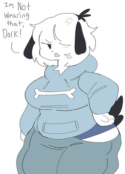 annoyed anthro black_ears black_tail blue_bottomwear blue_clothing blue_hoodie blue_topwear blue_underwear blush bone bottomwear breasts clothed clothing dialogue female floppy_ears front_view fur grumpy hair hair_over_eye hand_on_hip hoodie looking_at_viewer one_eye_obstructed short_hair simple_background slightly_chubby slightly_chubby_female solo tail text topwear tsundere underwear white_background white_body white_fur puppkittyfan1 pepper_(fawnpawss) canid canine canis domestic_dog mammal digital_media_(artwork) english_text hi_res portrait three-quarter_portrait