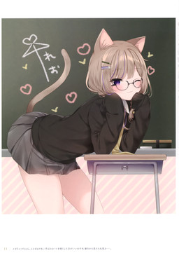accessory adolescent arm_support arms_bent background_symbolism bent_over bent_over_desk bent_over_table blush bottomwear brown_hair chalkboard clothed clothing desk eyewear female fully_clothed furniture glasses hair hair_accessory hairclip heart_symbol heart_writing hearts_around_body hearts_around_head hearts_around_tail highlights_(coloring) information_board inside leaning_on_elbow long_sleeves looking_at_viewer outline_heart oversized_sleeves purple_eyes purple_highlights raised_hand school skirt solo standing sweater table tail tail_under_skirt text topwear tucked_arms young mafuyu leo_(mafuyu) animal_humanoid cat_humanoid felid felid_humanoid feline feline_humanoid humanoid mammal mammal_humanoid absurd_res digital_media_(artwork) hi_res japanese_text portrait shaded three-quarter_portrait