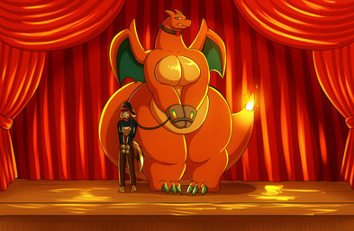 3_toes 4_toes anthro anthrofied bdsm big_breasts bondage bound breasts claws clenched_teeth clothed clothing collar concern curtains duo eyelashes feet female fire hat headgear headwear horn larger_female male membrane_(anatomy) membranous_wings non-mammal_breasts nude orange_body orange_scales overweight overweight_anthro overweight_female restrained scales size_difference smaller_male stage teeth thick_thighs toe_claws toes wide_hips wings robthehoopedchipmunk nintendo pokemon rob_(rthc) canid canine canis charizard domestic_dog generation_1_pokemon mammal pokemon_(species) scalie 2017 hi_res